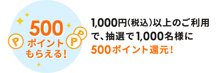 1,000円(税込)以上のご利用で、抽選で1,000名様に500ポイント還元!