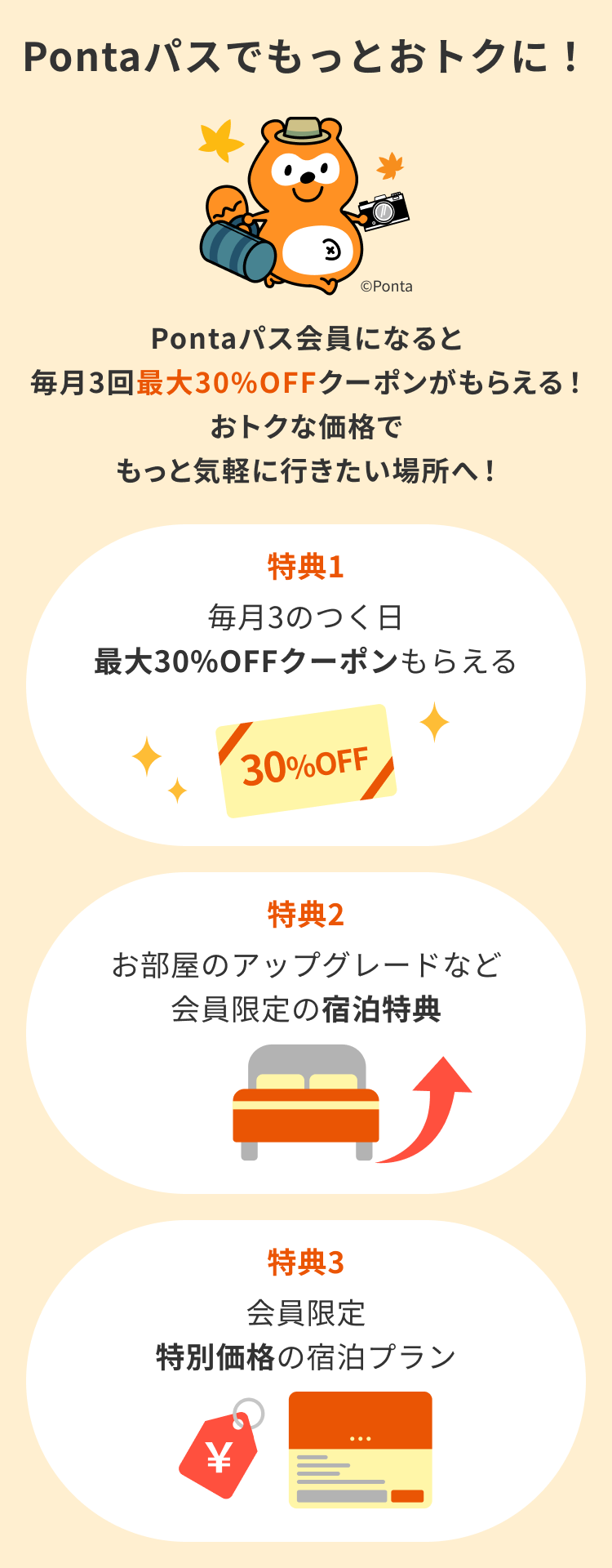 Pontaパスでもっとおトクに！ Pontaパス会員になると毎月3回最大30%OFFクーポンがもらえる おトクな価格でもっと気軽に行きたい場所へ！ 特典1 毎月3のつく日 最大30%OFFクーポンもらえる 特典2 お部屋のアップグレードなど会員限定の宿泊特典 特典3 会員限定 特別価格の宿泊プラン