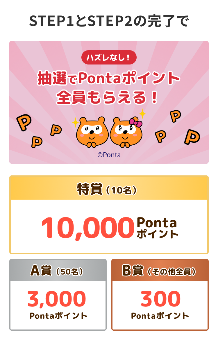STEP1とSTEP2の完了でハズレなし！ 抽選でPontaポイント全員もらえる！ 特賞(10名)10,000Pontaポイント A賞（50名）3,000Pontaポイント B賞（その他）300Pontaポイント