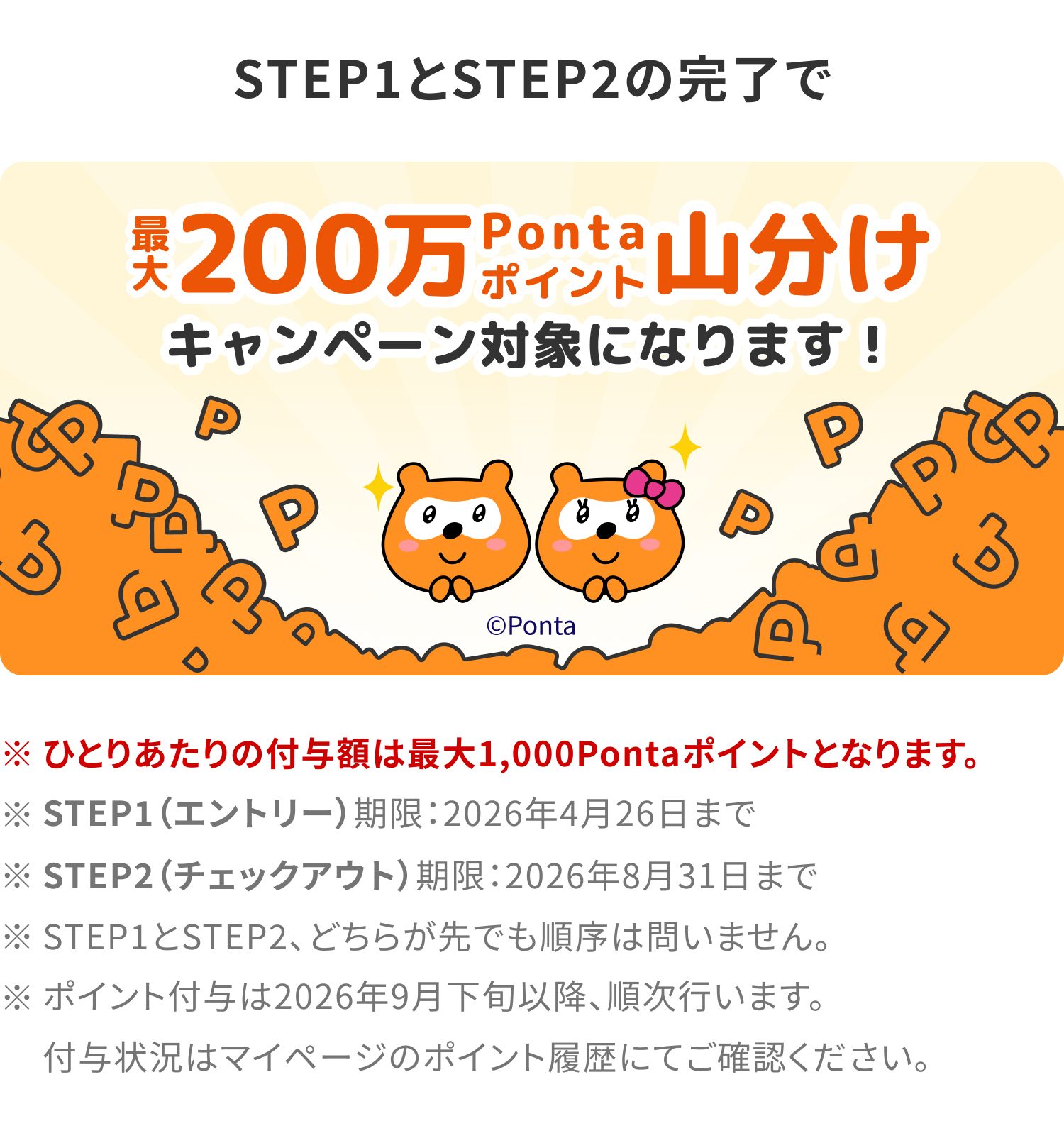 STEP1とSTEP2の完了で 最大200万Pontaポイント山分け キャンペーン対象になります! ※ひとりあたりの付与額は最大1,000Pontaポイントとなります。 ※STEP1(エントリー)期限:2026年4月26日まで ※STEP2(チェックアウト)期限:2026年8月31日まで ※STEP1とSTEP2、どちらが先でも順序は問いません。 ※ポイント付与は2026年9月下旬以降、順次行います。付与状況はマイページのポイント履歴にてご確認ください。=