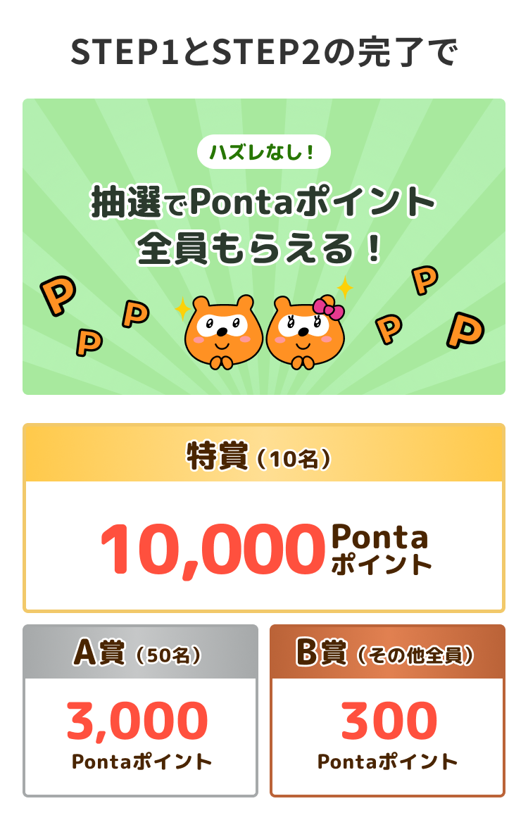 STEP1とSTEP2の完了でハズレなし！ 抽選でPontaポイント全員もらえる！ 特賞(10名)10,000Pontaポイント A賞（50名）3,000Pontaポイント B賞（その他）300Pontaポイント