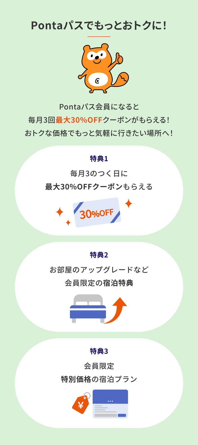 Pontaパスでもっとおトクに！ Pontaパス会員になると毎月3回最大30%OFFクーポンがもらえる おトクな価格でもっと気軽に行きたい場所へ！ 特典1 毎月3のつく日 最大30%OFFクーポンもらえる 特典2 お部屋のアップグレードなど会員限定の宿泊特典 特典3 会員限定 特別価格の宿泊プラン
