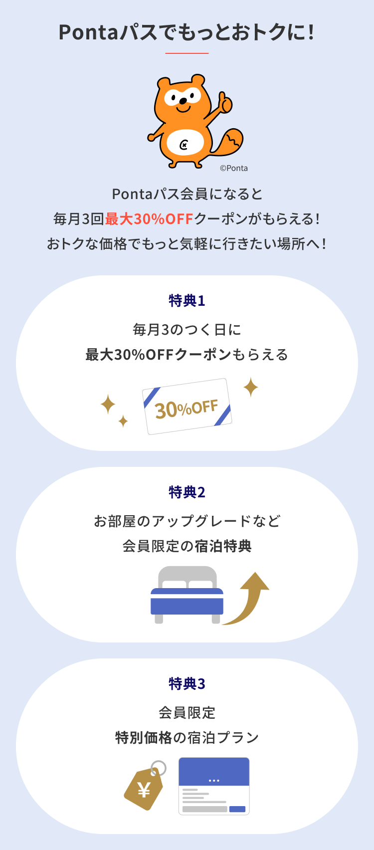 Pontaパスでもっとおトクに！ Pontaパス会員になると毎月3回最大30%OFFクーポンがもらえる おトクな価格でもっと気軽に行きたい場所へ！ 特典1 毎月3のつく日 最大30%OFFクーポンもらえる 特典2 お部屋のアップグレードなど会員限定の宿泊特典 特典3 会員限定 特別価格の宿泊プラン