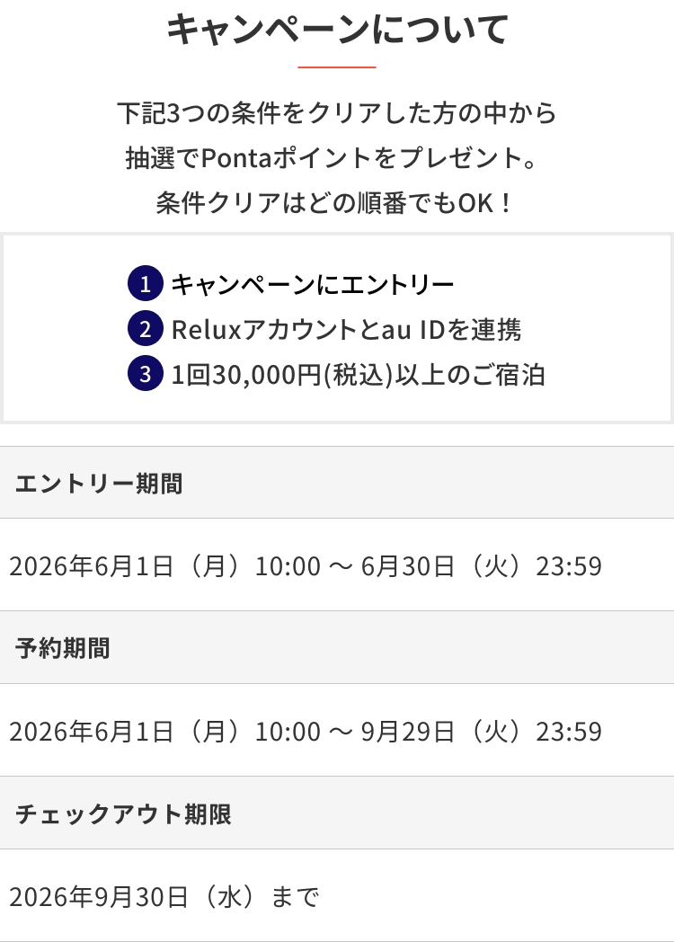 キャンペーンについて 下記3つの条件をクリアした方の中から抽選でPontaポイントをプレゼント。条件クリアはどの順番でもOK！ ①キャンペーンにエントリー ②Reluxアカウントとau IDを連携 ③1回30,000円（税込）以上のご宿泊 エントリー期間 2026年6月1日（月）10:00〜6月30日（火）23:59 予約期間 2026年6月1日（月）10:00〜9月29日（火）23:59 チェックアウト期限 2026年9月30日（水）まで